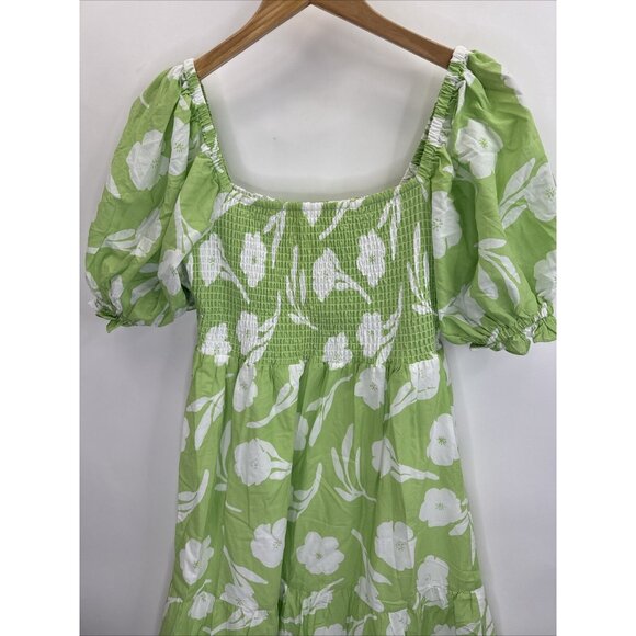 Sabo Allani Midi Dress Green and White Floral Smocked Size 8 US Large - Picture 5 of 10